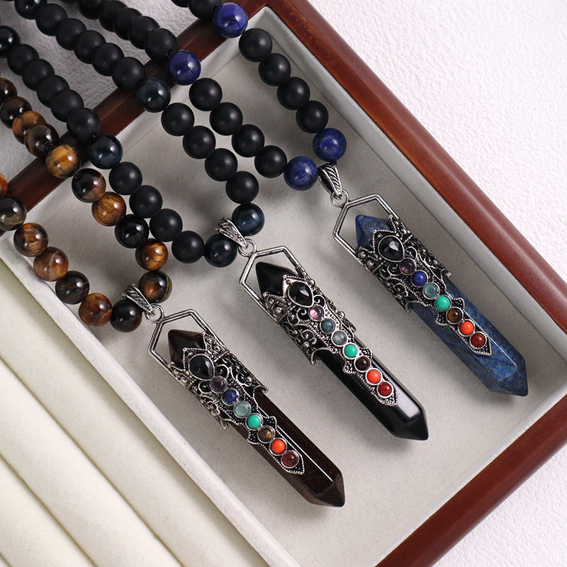 Custom OEM Handmade Woven 8mm Lapis Onyx Tiger Eye Natural Stone Beads Adjustable Macrame Hexagon Pendant Necklace For Men Women
