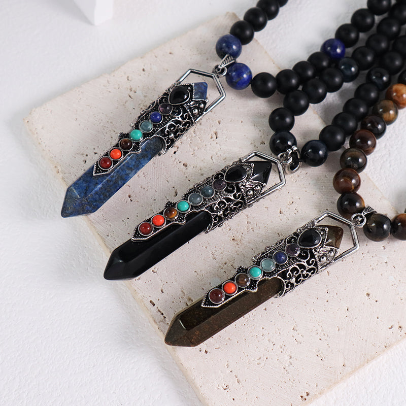 Custom OEM Handmade Woven 8mm Lapis Onyx Tiger Eye Natural Stone Beads Adjustable Macrame Hexagon Pendant Necklace For Men Women
