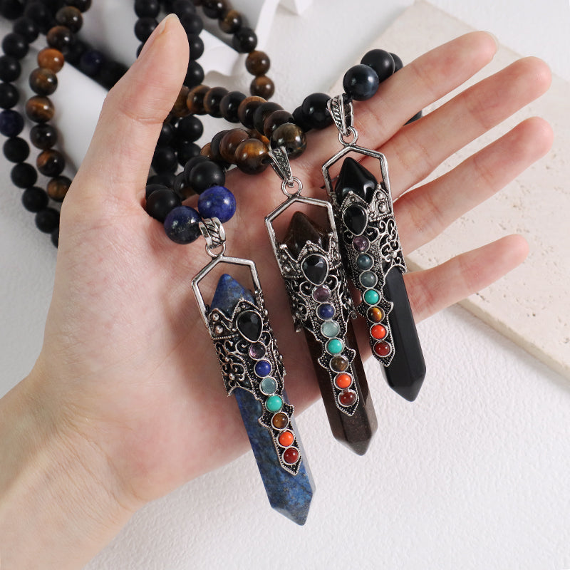 Custom OEM Handmade Woven 8mm Lapis Onyx Tiger Eye Natural Stone Beads Adjustable Macrame Hexagon Pendant Necklace For Men Women