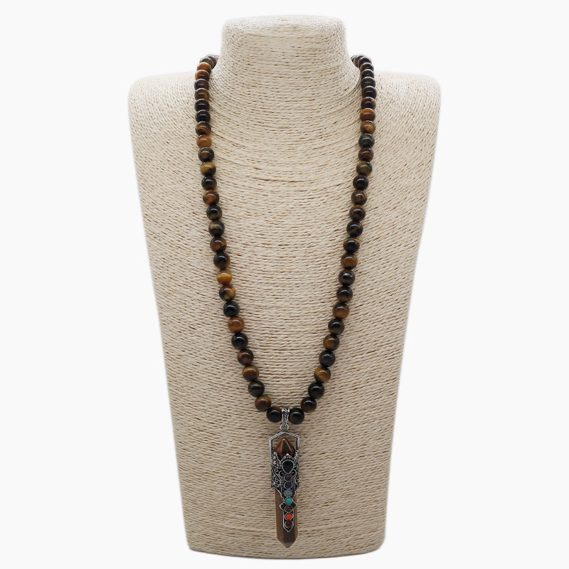 Custom OEM Handmade Woven 8mm Lapis Onyx Tiger Eye Natural Stone Beads Adjustable Macrame Hexagon Pendant Necklace For Men Women