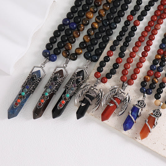 Newest 8mm Gemstone Natural Stone Beads Custom OEM Handmade Adjustable Woven Macrame Hexagon Rose Pendant Necklace For Men Women