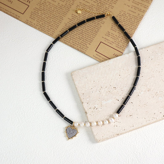 Customized OEM Wholesale Handmade Women Gold Plated Beads CZ Fresh Water Pearl Natural Stone Black Onyx Heart Pendant Necklace