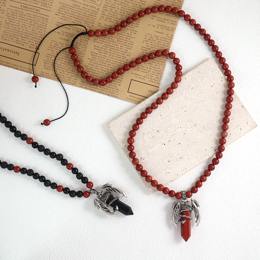Handmade Custom OEM Woven 8mm Onyx Red Jasper Natural Stone Beads Adjustable Macrame Hexagon Dragon Pendant Necklace For Men