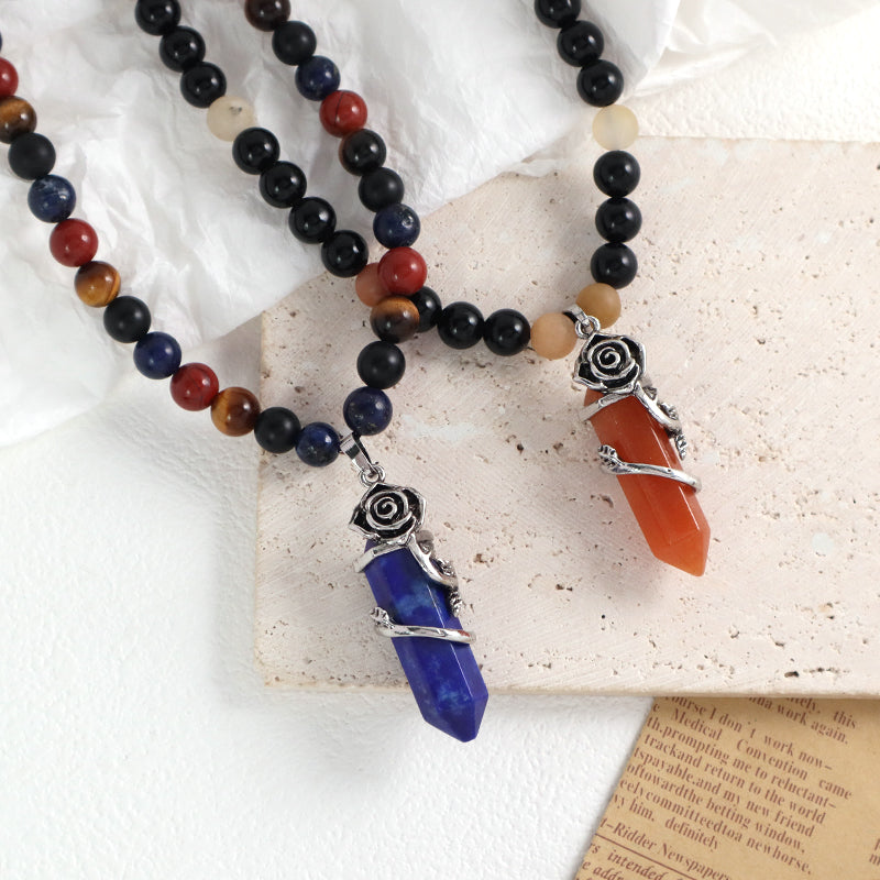 Newest 8mm Gemstone Natural Stone Beads Custom OEM Handmade Adjustable Woven Macrame Hexagon Rose Pendant Necklace For Men Women