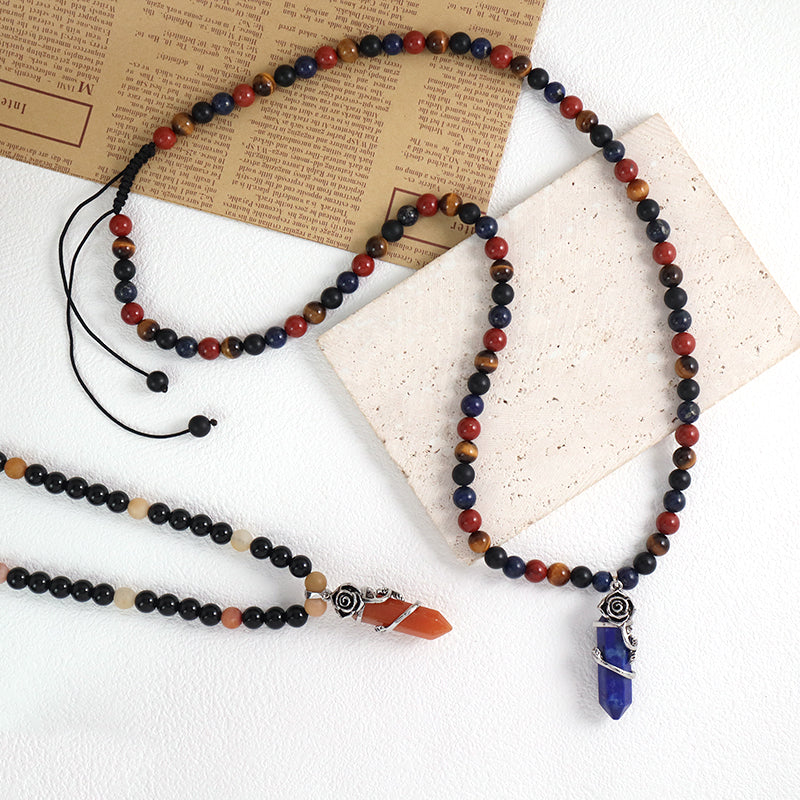 Newest 8mm Gemstone Natural Stone Beads Custom OEM Handmade Adjustable Woven Macrame Hexagon Rose Pendant Necklace For Men Women