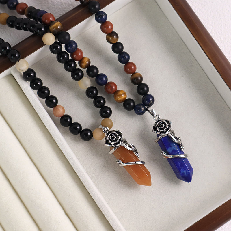 Newest 8mm Gemstone Natural Stone Beads Custom OEM Handmade Adjustable Woven Macrame Hexagon Rose Pendant Necklace For Men Women