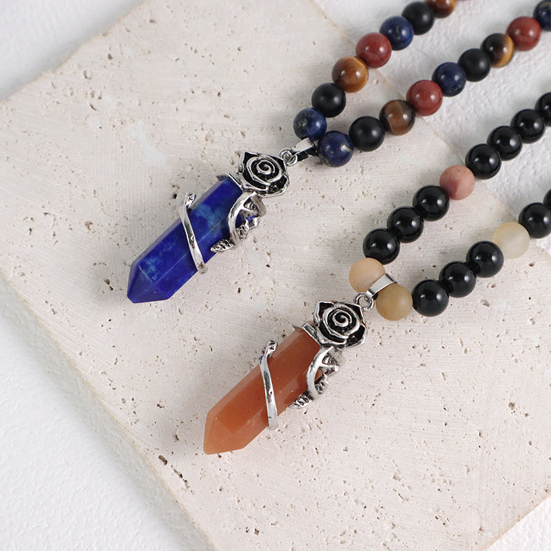 Newest 8mm Gemstone Natural Stone Beads Custom OEM Handmade Adjustable Woven Macrame Hexagon Rose Pendant Necklace For Men Women