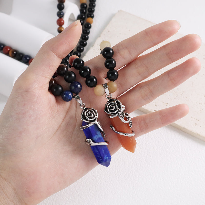 Newest 8mm Gemstone Natural Stone Beads Custom OEM Handmade Adjustable Woven Macrame Hexagon Rose Pendant Necklace For Men Women