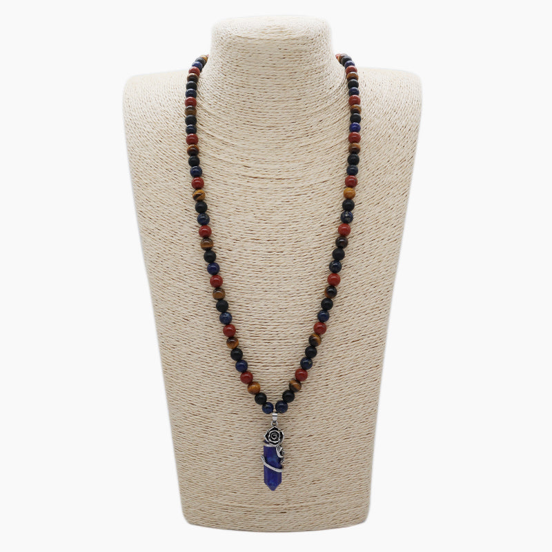 Newest 8mm Gemstone Natural Stone Beads Custom OEM Handmade Adjustable Woven Macrame Hexagon Rose Pendant Necklace For Men Women