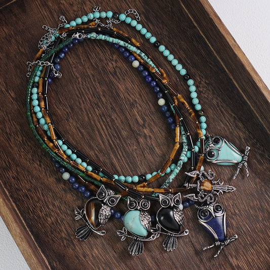 Handmade Wholesale Custom OEM 6mm Natural Stone Beads Adjustable Stainless Steel Tail Chain Owl Pendant Necklace For Men Women