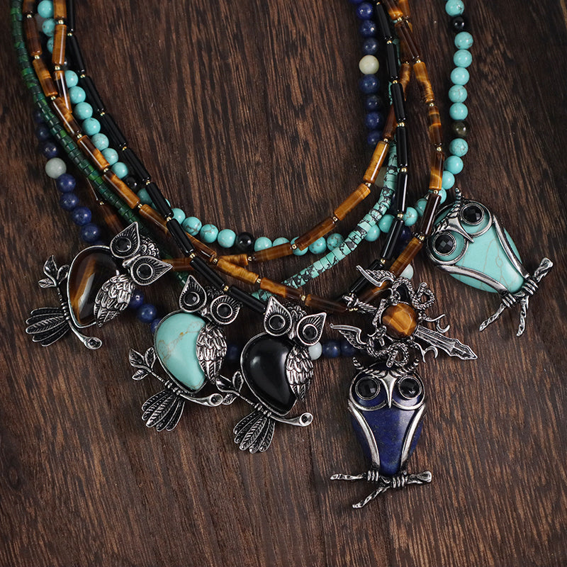 Handmade Wholesale Custom OEM 6mm Natural Stone Beads Adjustable Stainless Steel Tail Chain Owl Pendant Necklace For Men Women