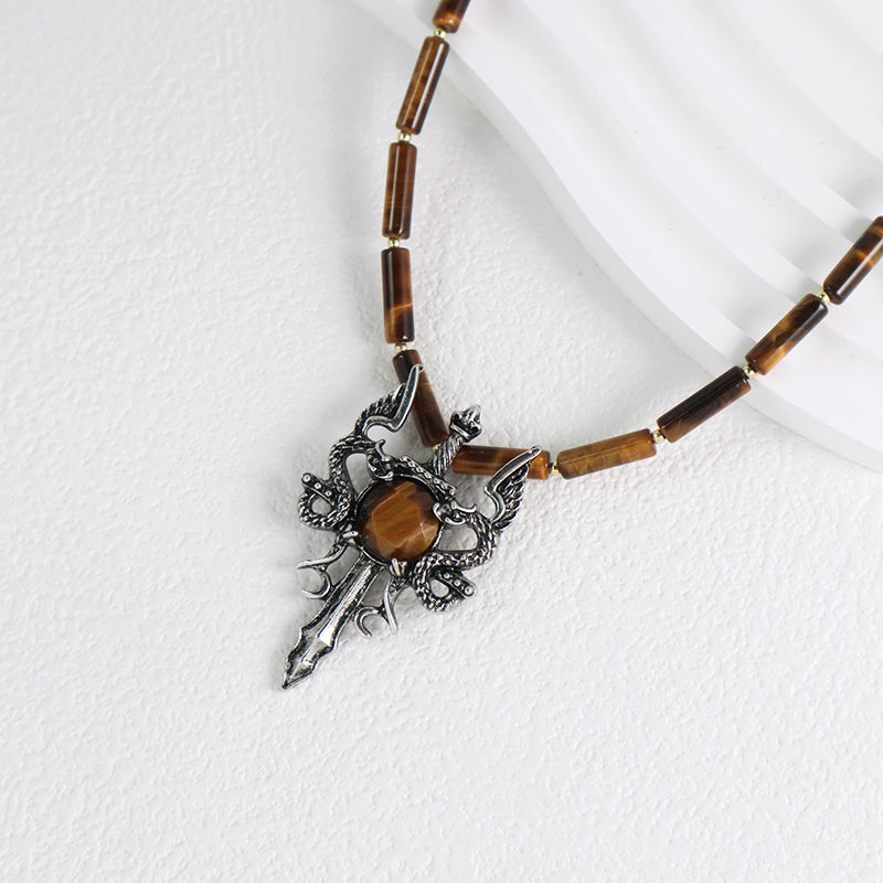OEM Handmade Wholesale Custom Men Women Natural Stone Beads Adjustable Stainless Steel Tail Chain Sword Dragon Pendant Necklace