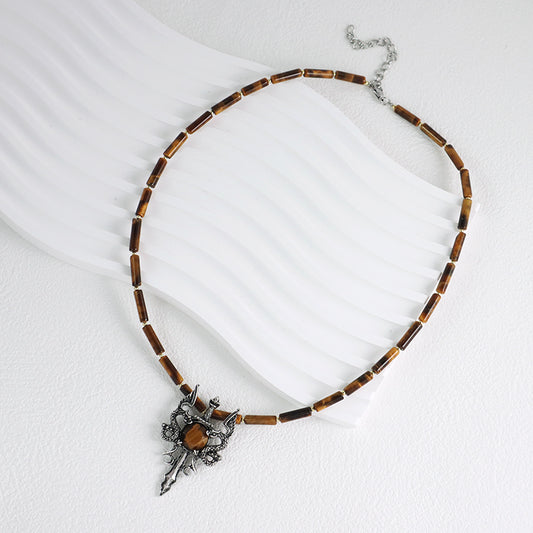 OEM Handmade Wholesale Custom Men Women Natural Stone Beads Adjustable Stainless Steel Tail Chain Sword Dragon Pendant Necklace