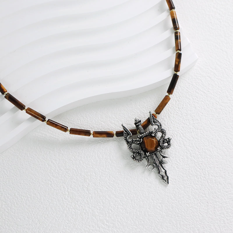 OEM Handmade Wholesale Custom Men Women Natural Stone Beads Adjustable Stainless Steel Tail Chain Sword Dragon Pendant Necklace