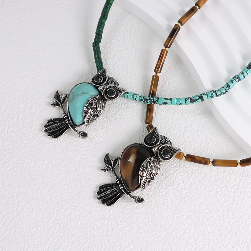 Wholesale Handmade Custom OEM Natural Stone Beads Men Women Jewelry Adjustable Stainless Steel Tail Chain Owl Pendant Necklace