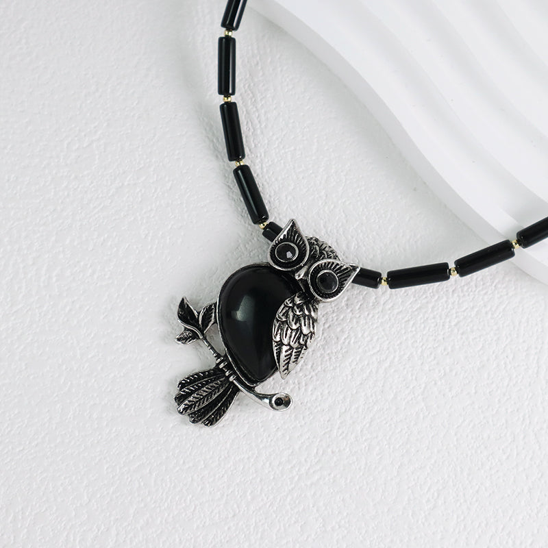 Wholesale Handmade Custom OEM Natural Stone Beads Men Women Jewelry Adjustable Stainless Steel Tail Chain Owl Pendant Necklace