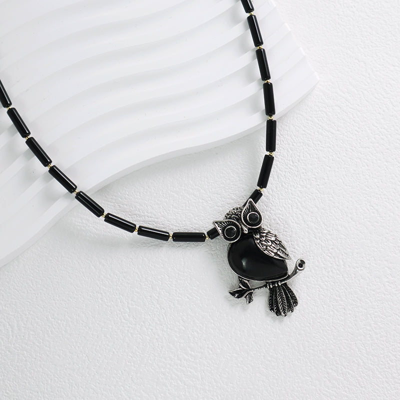 Wholesale Handmade Custom OEM Natural Stone Beads Men Women Jewelry Adjustable Stainless Steel Tail Chain Owl Pendant Necklace