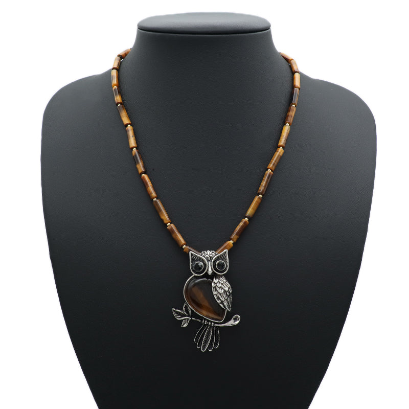 Wholesale Handmade Custom OEM Natural Stone Beads Men Women Jewelry Adjustable Stainless Steel Tail Chain Owl Pendant Necklace