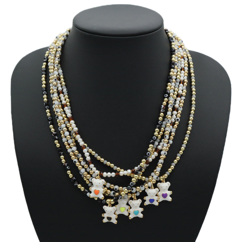 Custom New OEM Handmade Glass Crystal Coloured Glaze Beads Gold Plated Enamel Bear Pendant Fresh Water Pearl Evil Eyes Necklace