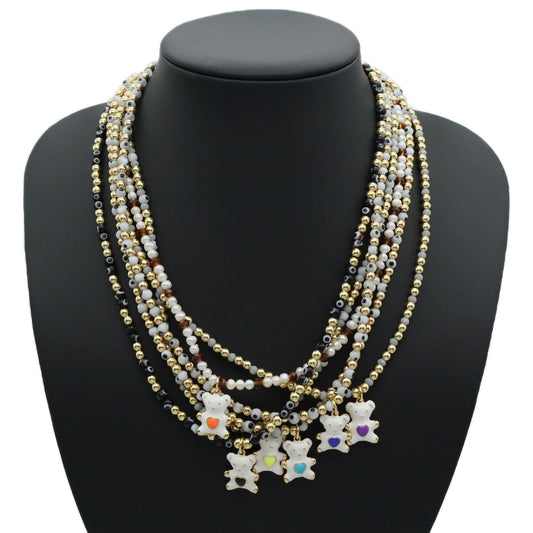 Custom New OEM Handmade Glass Crystal Coloured Glaze Beads Gold Plated Enamel Bear Pendant Fresh Water Pearl Evil Eyes Necklace