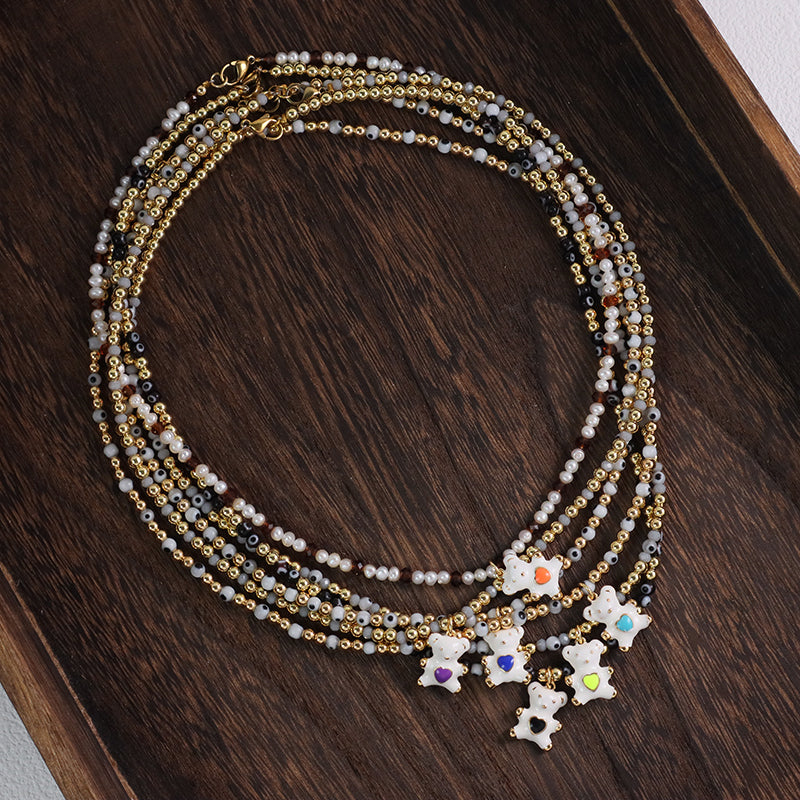 Custom New OEM Handmade Glass Crystal Coloured Glaze Beads Gold Plated Enamel Bear Pendant Fresh Water Pearl Evil Eyes Necklace