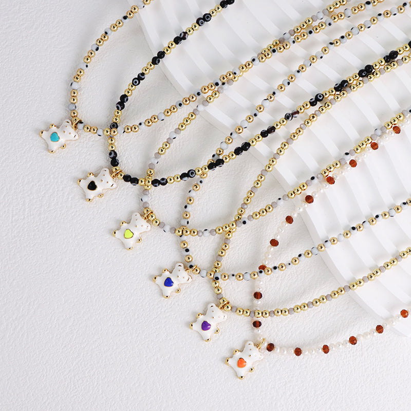 Custom New OEM Handmade Glass Crystal Coloured Glaze Beads Gold Plated Enamel Bear Pendant Fresh Water Pearl Evil Eyes Necklace
