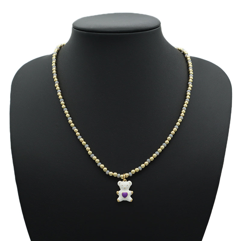 Custom New OEM Handmade Glass Crystal Coloured Glaze Beads Gold Plated Enamel Bear Pendant Fresh Water Pearl Evil Eyes Necklace
