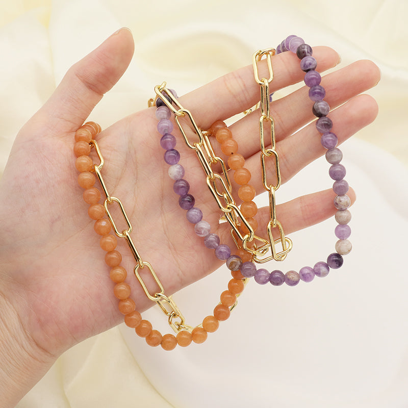Wholesale New Custom OEM Fashion Women OT Claslp Handmade Custom Brass Chain 6mm Healing Natural Stone Beads Pendant Necklace