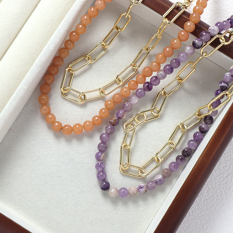 Wholesale New Custom OEM Fashion Women OT Claslp Handmade Custom Brass Chain 6mm Healing Natural Stone Beads Pendant Necklace