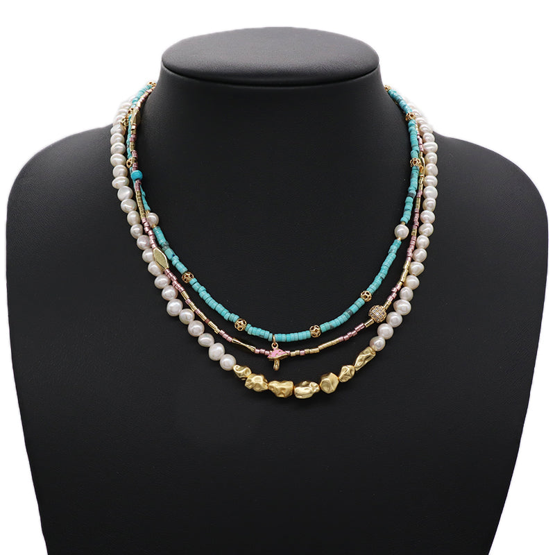 OEM Wholesale Handmade Custom Gold Plated Enamel Mushroom Pendant Fresh Water Pearl Natural Stone Beads Necklace For Women