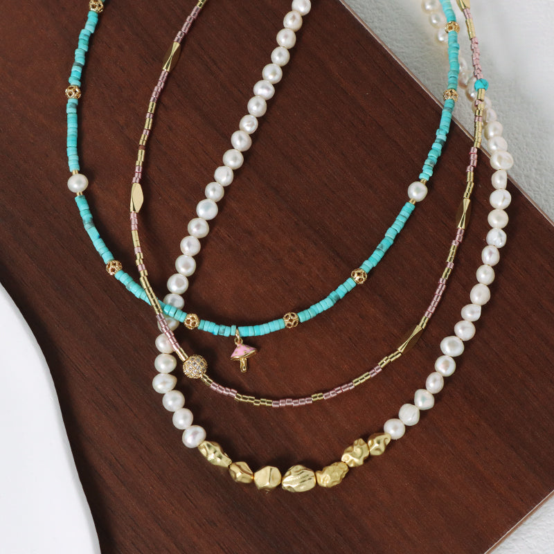 OEM Wholesale Handmade Custom Gold Plated Enamel Mushroom Pendant Fresh Water Pearl Natural Stone Beads Necklace For Women