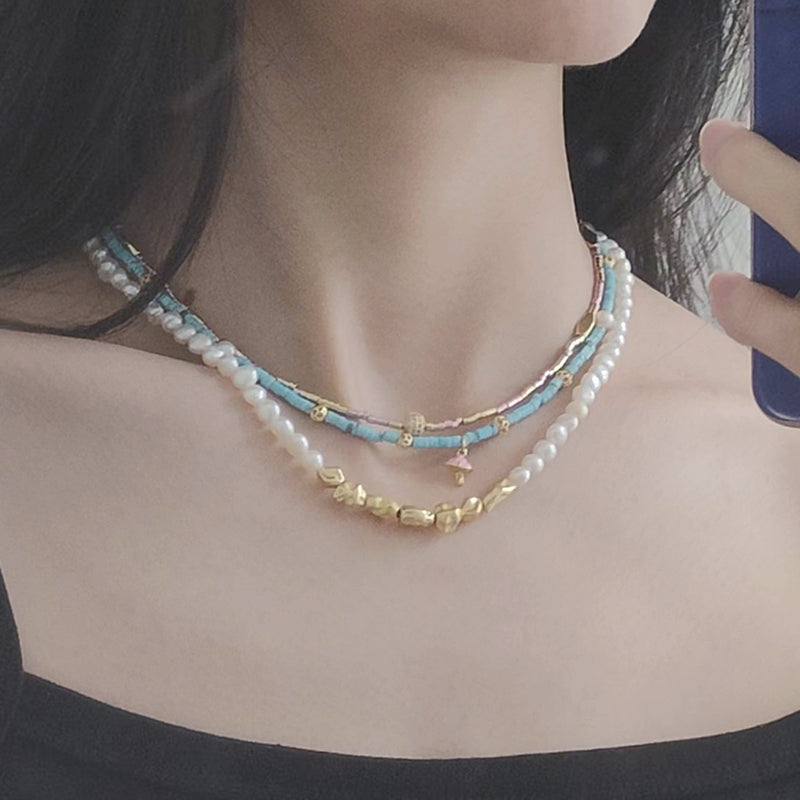 OEM Wholesale Handmade Custom Gold Plated Enamel Mushroom Pendant Fresh Water Pearl Natural Stone Beads Necklace For Women