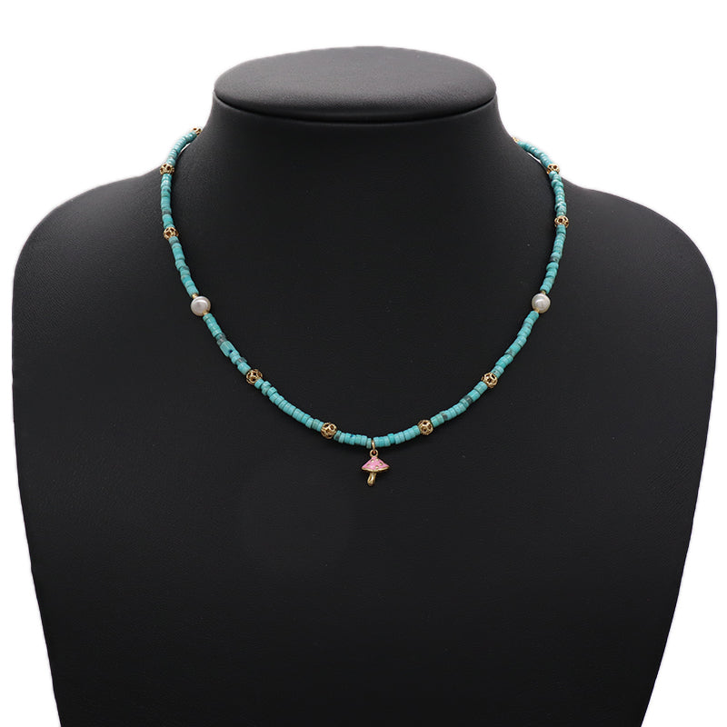 OEM Wholesale Handmade Custom Gold Plated Enamel Mushroom Pendant Fresh Water Pearl Natural Stone Beads Necklace For Women