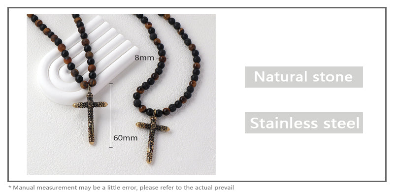 Wholesale OEM Custom China Factory Men Women Fashion 8mm Handmade Custom Gold Plated  Natural Stone Beads Cross Pendant Necklace