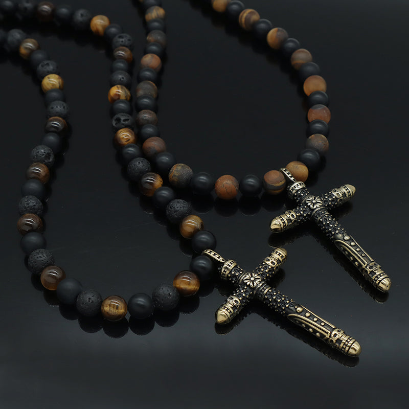 Wholesale OEM Custom China Factory Men Women Fashion 8mm Handmade Custom Gold Plated  Natural Stone Beads Cross Pendant Necklace