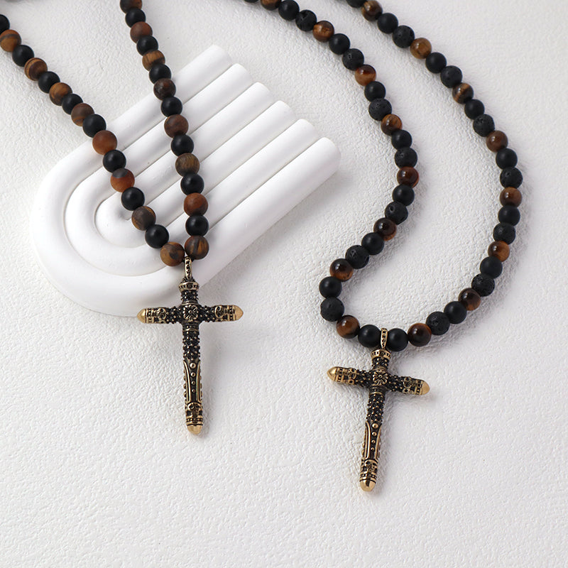Wholesale OEM Custom China Factory Men Women Fashion 8mm Handmade Custom Gold Plated  Natural Stone Beads Cross Pendant Necklace