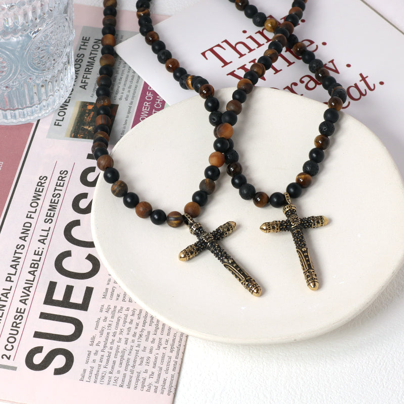 Wholesale OEM Custom China Factory Men Women Fashion 8mm Handmade Custom Gold Plated  Natural Stone Beads Cross Pendant Necklace