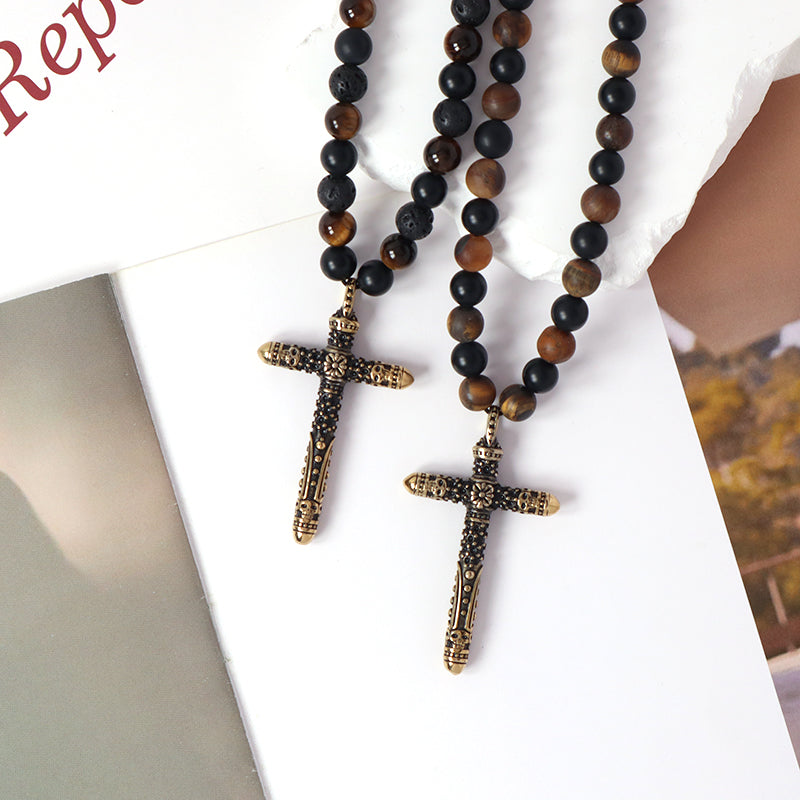Wholesale OEM Custom China Factory Men Women Fashion 8mm Handmade Custom Gold Plated  Natural Stone Beads Cross Pendant Necklace