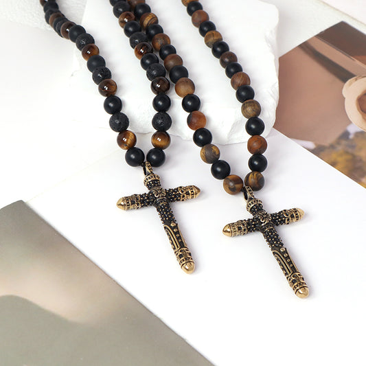 Wholesale OEM Custom China Factory Men Women Fashion 8mm Handmade Custom Gold Plated  Natural Stone Beads Cross Pendant Necklace