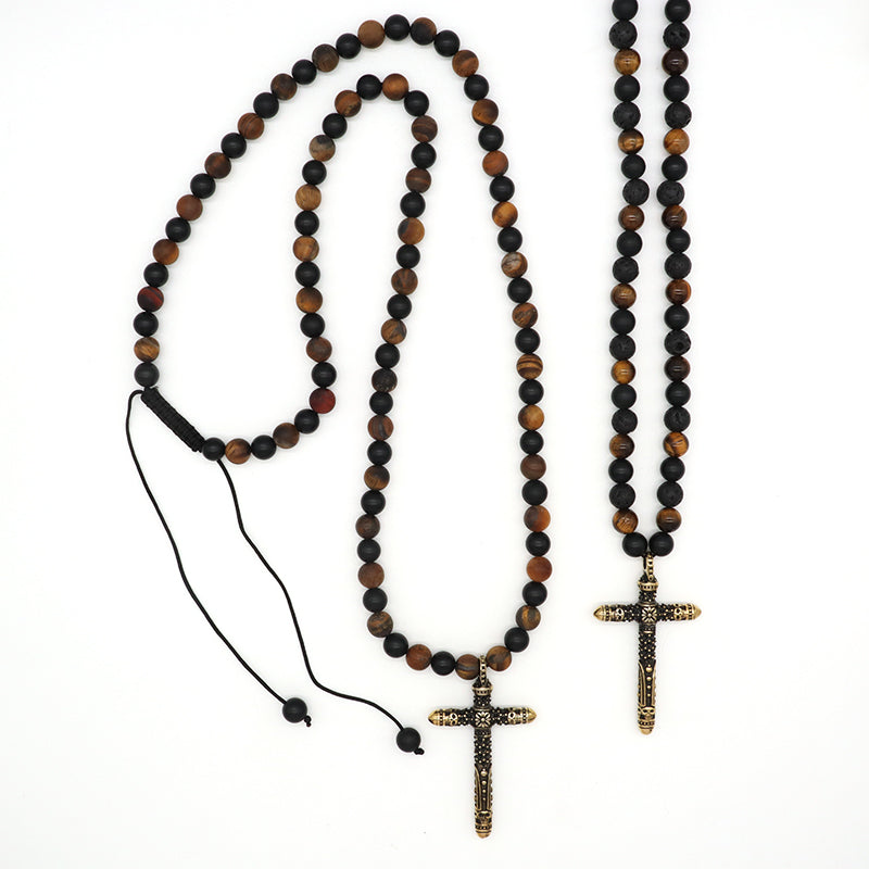 Wholesale OEM Custom China Factory Men Women Fashion 8mm Handmade Custom Gold Plated  Natural Stone Beads Cross Pendant Necklace