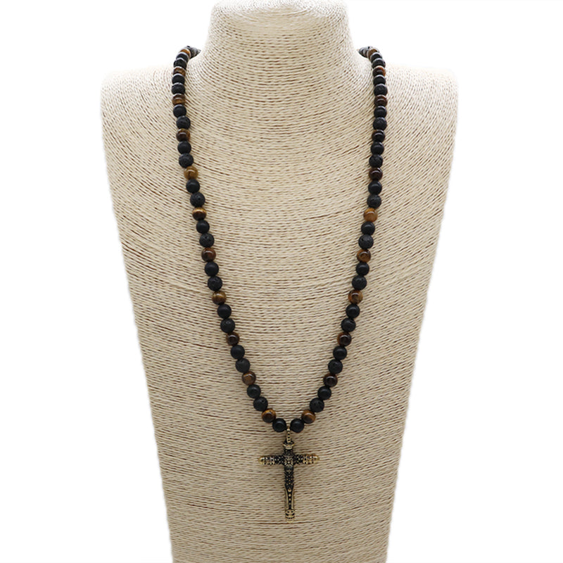 Wholesale OEM Custom China Factory Men Women Fashion 8mm Handmade Custom Gold Plated  Natural Stone Beads Cross Pendant Necklace
