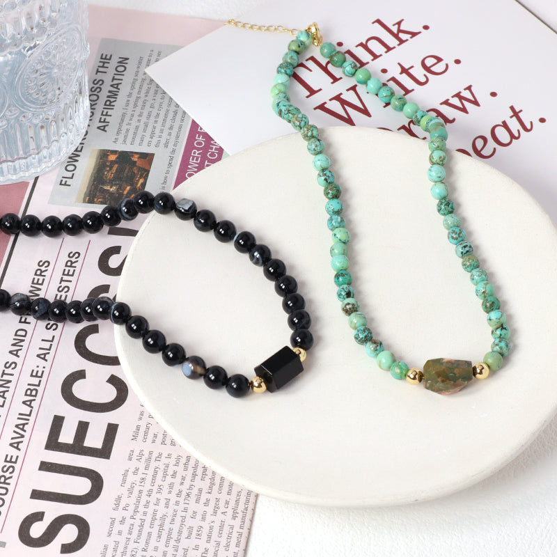 OEM China Factory Custom Wholesale Fashion Handmade 6mm 8mm Gold Plated Black Green Natural Stone Beads Necklace For Women Men