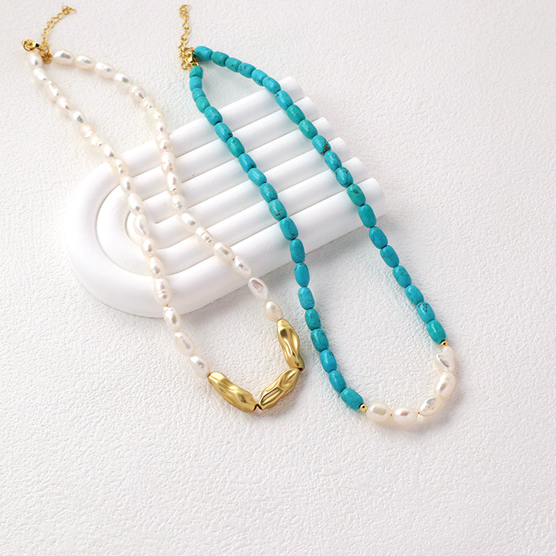 Wholesale OEM China Factory Fashion Handmade Custom Gold Plated Fresh Water Pearl Blue Natural Stone Beads Necklace For Women