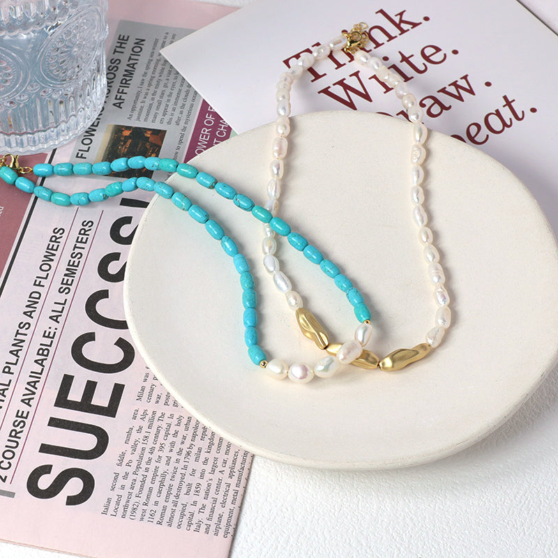Wholesale OEM China Factory Fashion Handmade Custom Gold Plated Fresh Water Pearl Blue Natural Stone Beads Necklace For Women