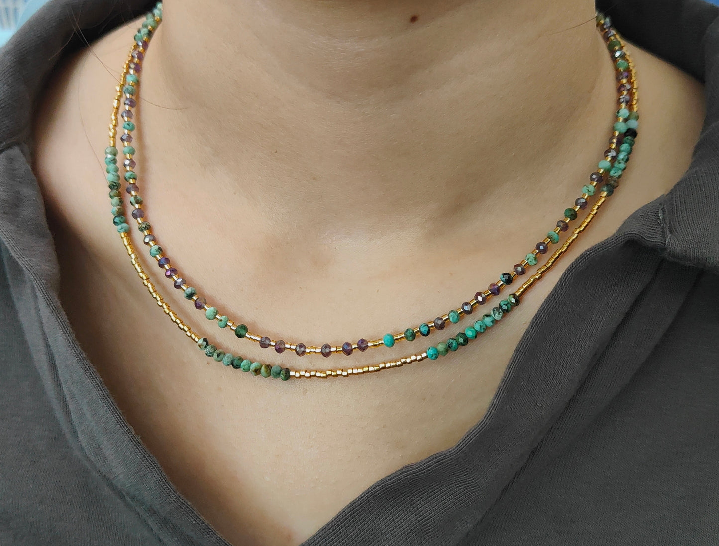 OEM Manufacture Factory Wholesale Handmade Custom Gold Plated Glass Crystal Natural Stone Africa Turquoise Beads Miyuki Necklace