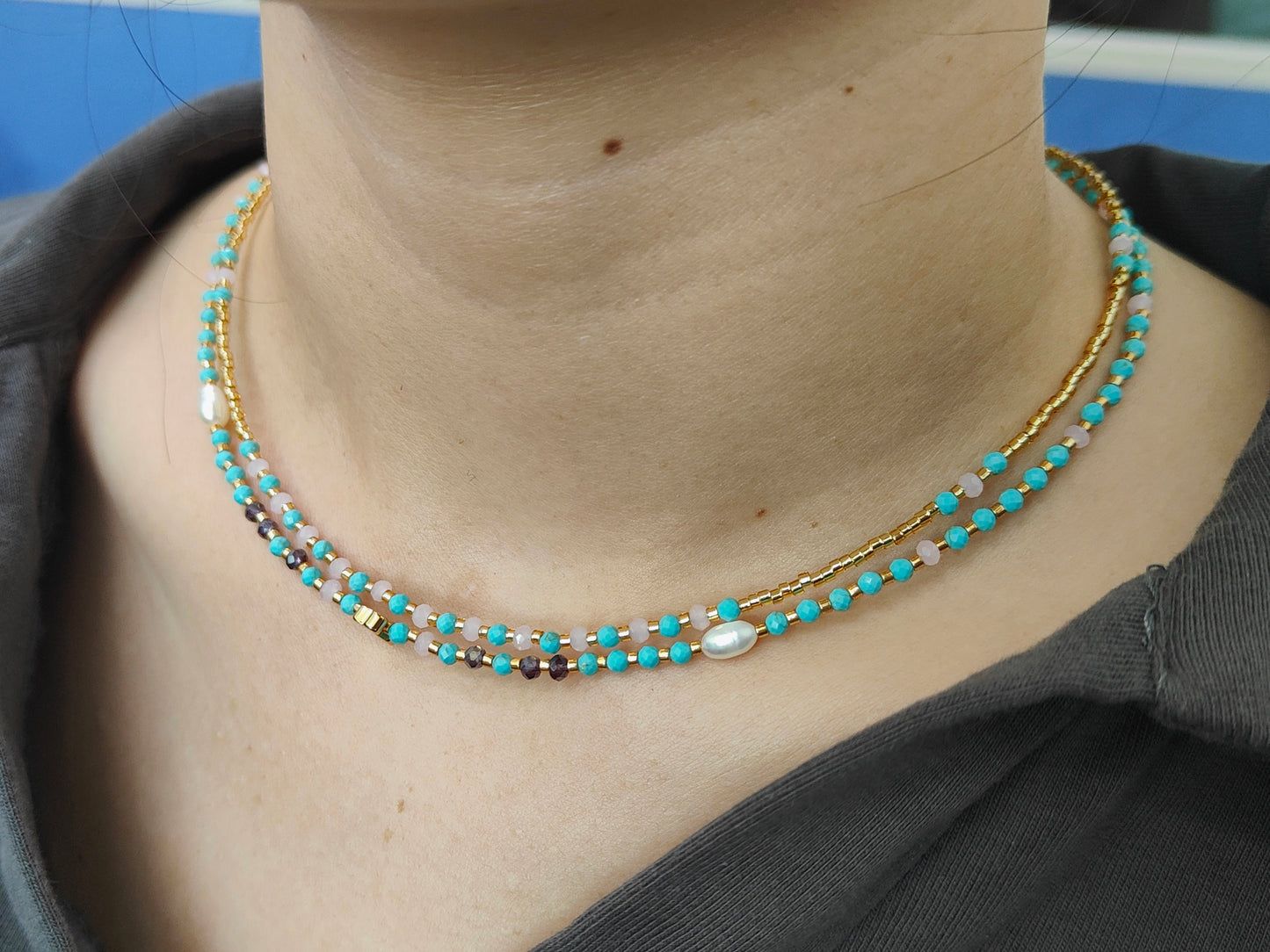 OEM Manufacture Factory Wholesale Handmade Custom Gold Plated Glass Crystal Natural Stone Africa Turquoise Beads Miyuki Necklace