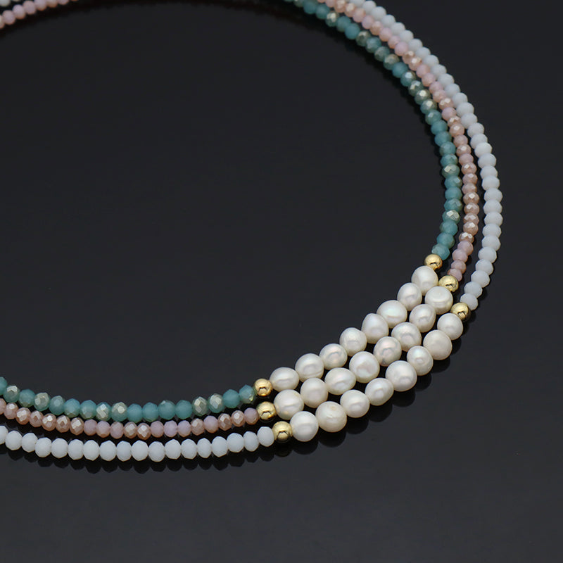 Handmade OEM Blue Pink Wholesale Fashion Customized Gold Plated Natural Fresh Water Pearl Glass Crystal Necklace For Women Gift