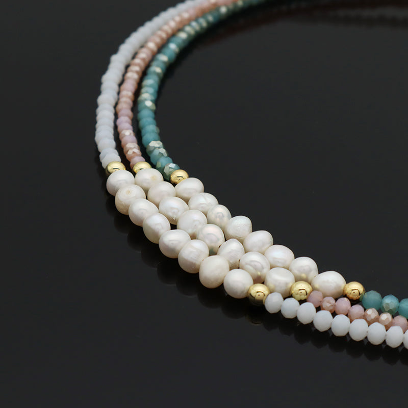 Handmade OEM Blue Pink Wholesale Fashion Customized Gold Plated Natural Fresh Water Pearl Glass Crystal Necklace For Women Gift