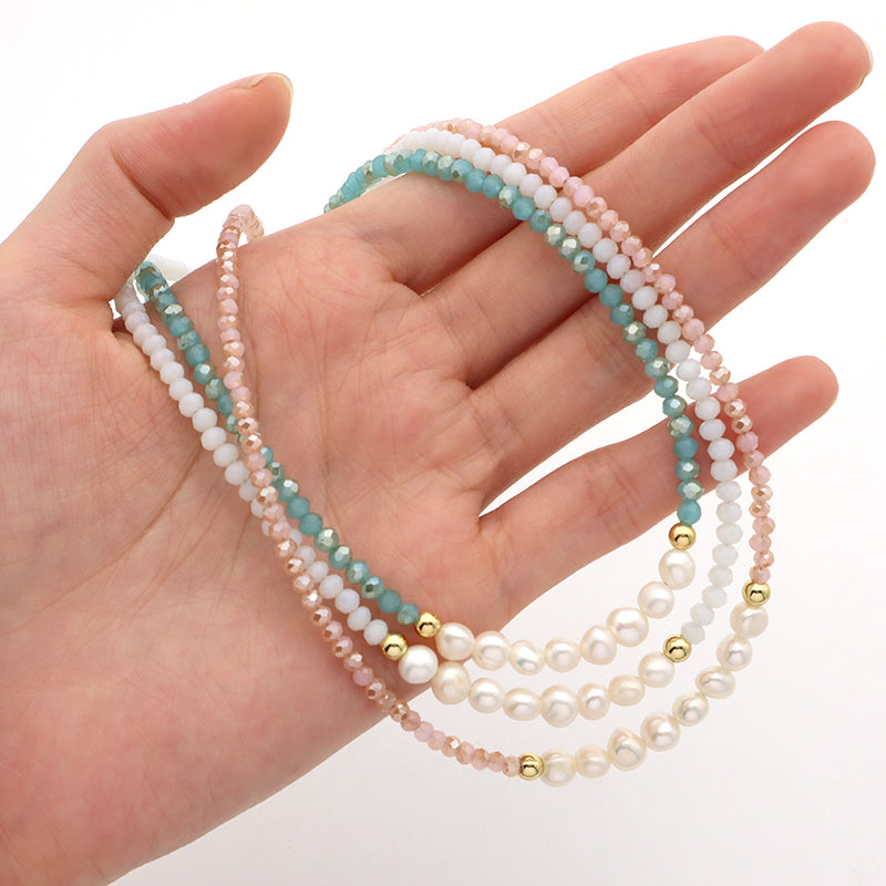 Handmade OEM Blue Pink Wholesale Fashion Customized Gold Plated Natural Fresh Water Pearl Glass Crystal Necklace For Women Gift