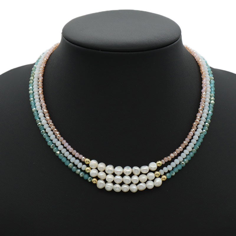 Handmade OEM Blue Pink Wholesale Fashion Customized Gold Plated Natural Fresh Water Pearl Glass Crystal Necklace For Women Gift